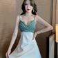 Sexy low-cut splicing V-neck suspender dress 2025 new slimming and hip-hugging A-line short skirt R3715