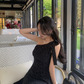 French style irregular dress with oblique shoulder, slim waist and black polka dot short skirt for summer R4335