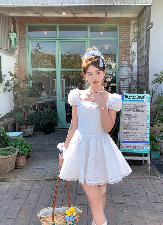 White waist square neck puff sleeves A-line dress women's French retro skirt R4949