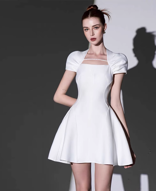 French white satin short-sleeved banquet temperament slim dress dress homecoming dress R2983