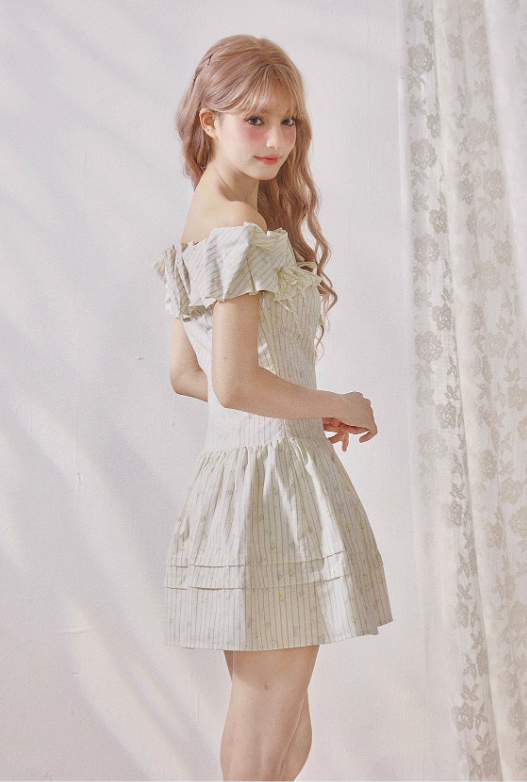 Tea pure cotton striped print pleated waist one-shoulder dress R5213