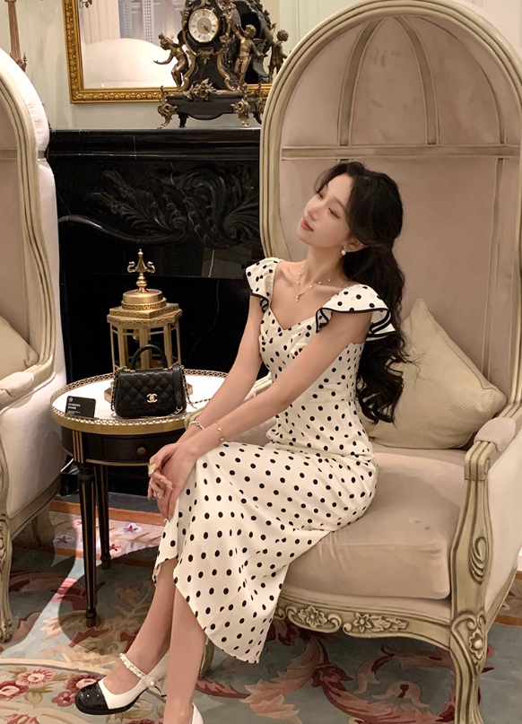French retro polka dot dress for women, new style this year's popular temperament long skirt R4416