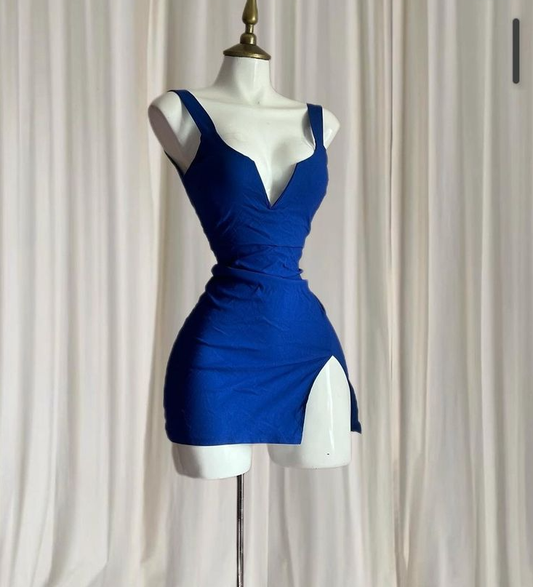 Dark blue suspenders waist slim fit sexy slit short skirt homecoming dress R3115