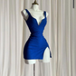 Dark blue suspenders waist slim fit sexy slit short skirt homecoming dress R3115