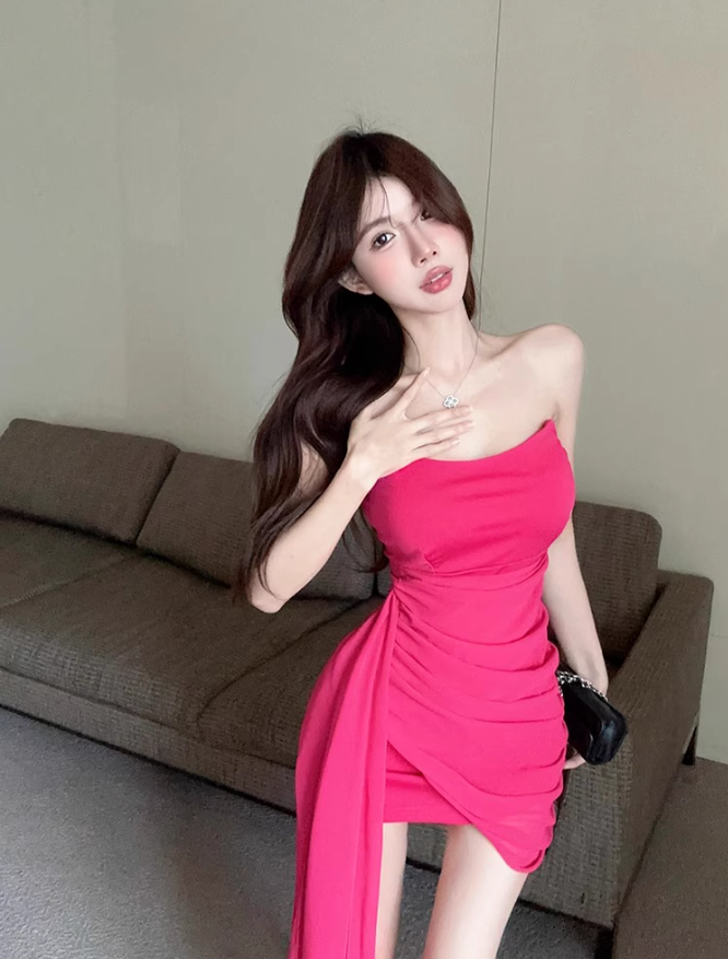 One-shoulder tube top dress niche design ribbon slim hip-hugging small gift skirt R0560