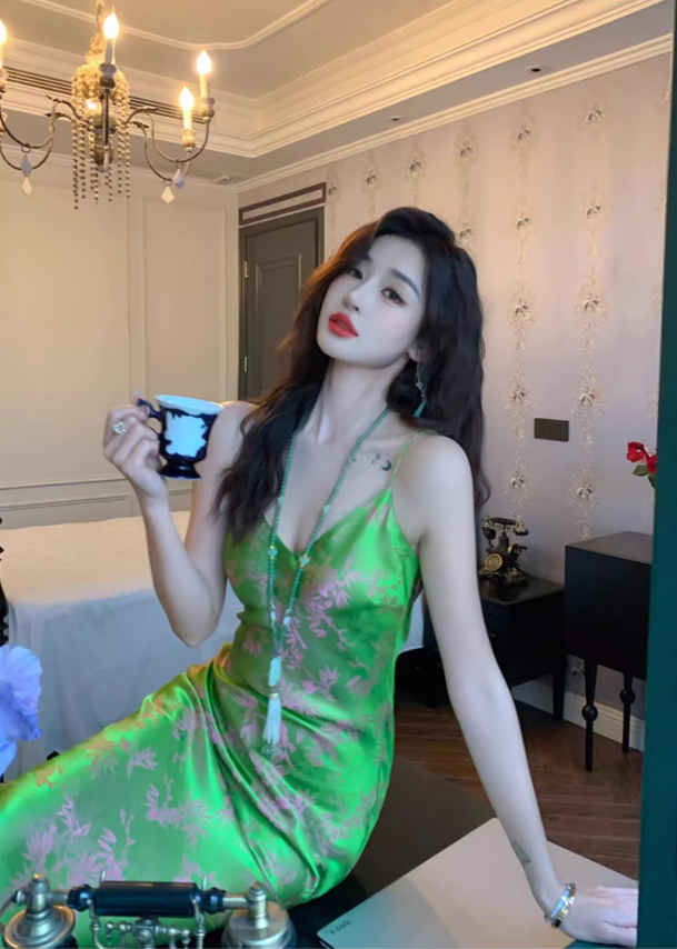 High-grade silk suspender dress 25 new slim fit slimming royal sister printed acetate long skirt R1001