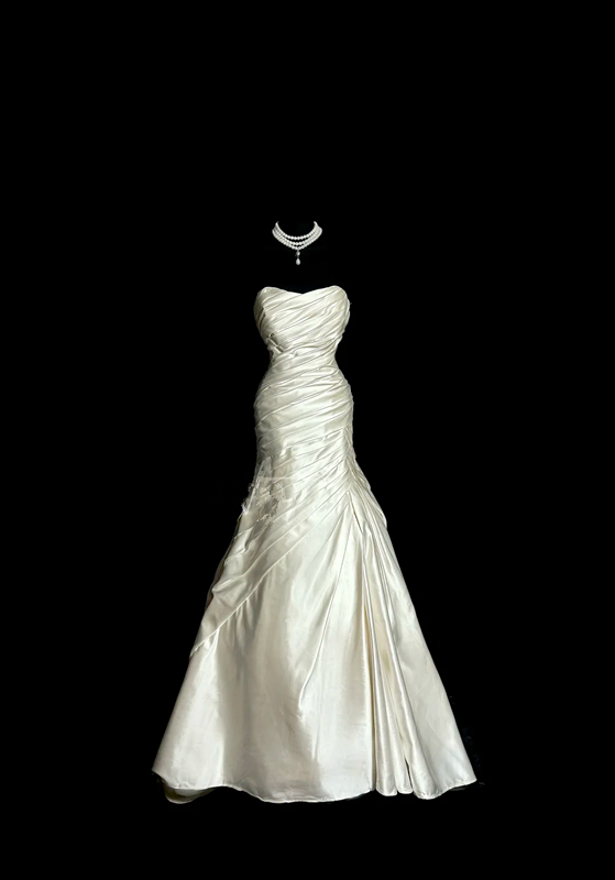 White strapless, fitted waist, pleated, full skirt, long ball gown R6639