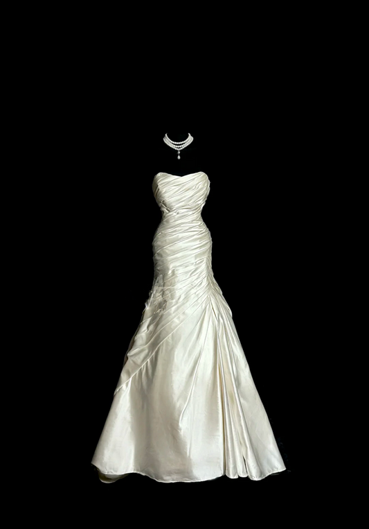 White strapless, fitted waist, pleated, full skirt, long ball gown R6639