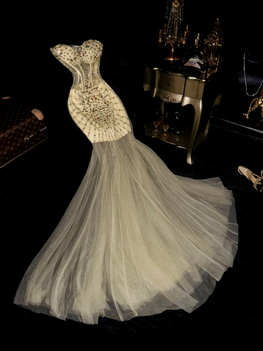 Apricot strapless fitted waist fairy long ball gown R6958