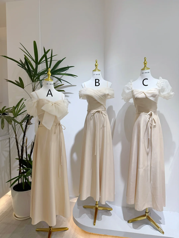 Light yellow satin waist-cinched, slim-fit ball gown, bridesmaid dress R5960