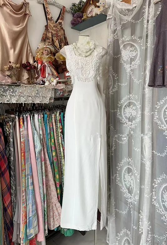 White sleeveless fitted waist long ball gown with slit R7477