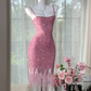 Rose pink sequined halter top, fitted waist, bodycon short ball gown R7634
