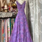 Purple sleeveless printed fitted long ball gown R7825