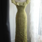 Green off-the-shoulder, fitted, pleated, long ball gown with ruffles R6719