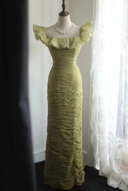 Green off-the-shoulder, fitted, pleated, long ball gown with ruffles R6719