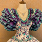 Purple Floral Print V-neck Waist-Cinched Tiered Skirt Ball Gown, Bridal Gown R7364