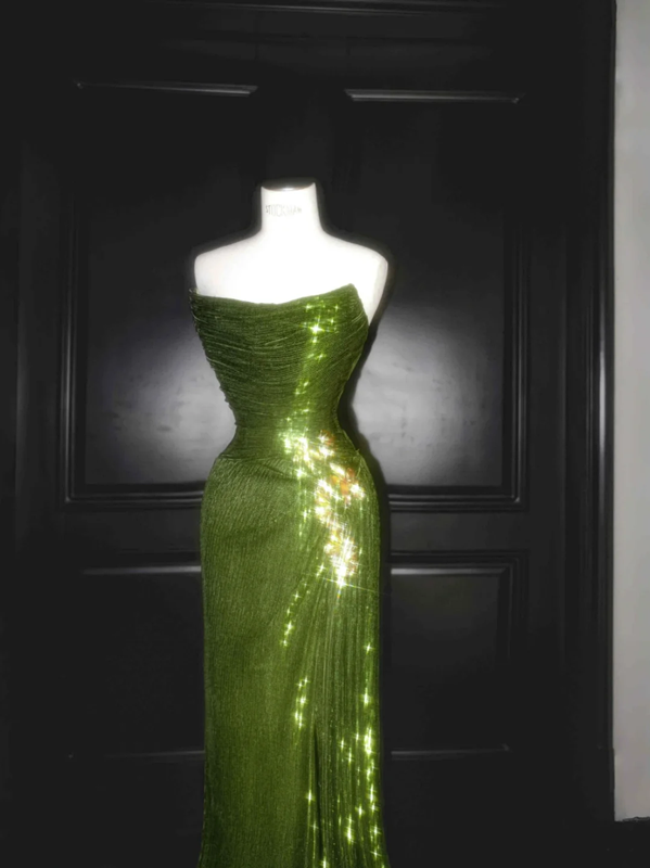 Green strapless satin waist slim-fit drape maxi dress, prom dress R5648