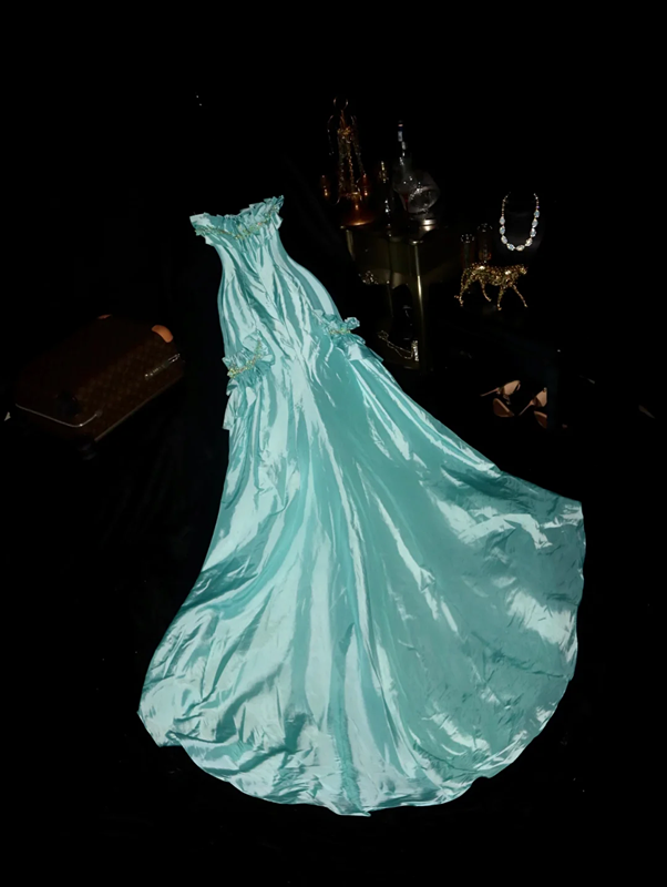 Lake blue satin strapless fitted long ball gown R6918