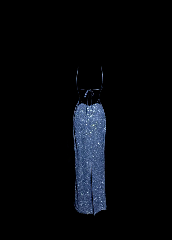Navy blue sequined halter-neck fitted waist slimming backless hip-revealing long ball gown R6679