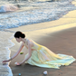 Light yellow sleeveless straight-cut long elegant prom dress R7984