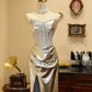Silver strapless waist-cinching corset slim-fit slit sexy prom dress R7945