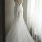White lace neckline, fitted waist, bodycon long ball gown, bridal gown R6837