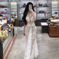 White halter neck, fitted waist, slimming and sexy long ball gown R7905
