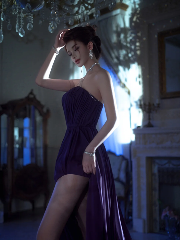 Purple strapless fitted waist slim slit sexy ball gown R7078