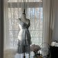 Light gray halter-neck low-cut fitted waist tiered skirt short ball gown R7714
