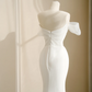 White collar bow tie waist slim fit hip elegant long skirt, prom dress R5684