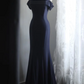 Navy blue halter-neck off-the-shoulder fitted long ball gown R6758