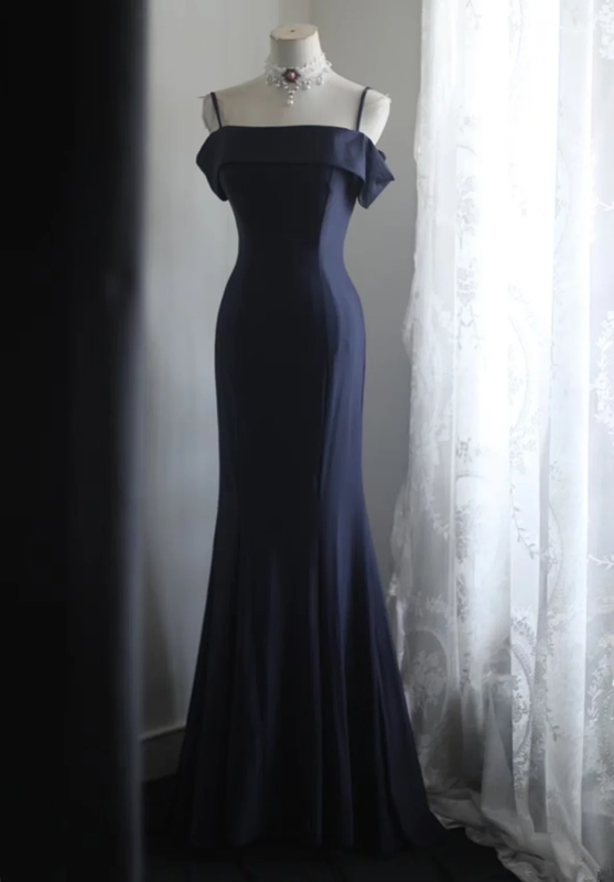 Navy blue halter-neck off-the-shoulder fitted long ball gown R6758