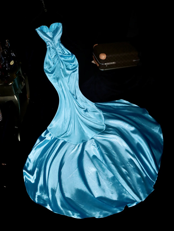 Blue strapless, fitted, bodycon mermaid long ball gown R6998