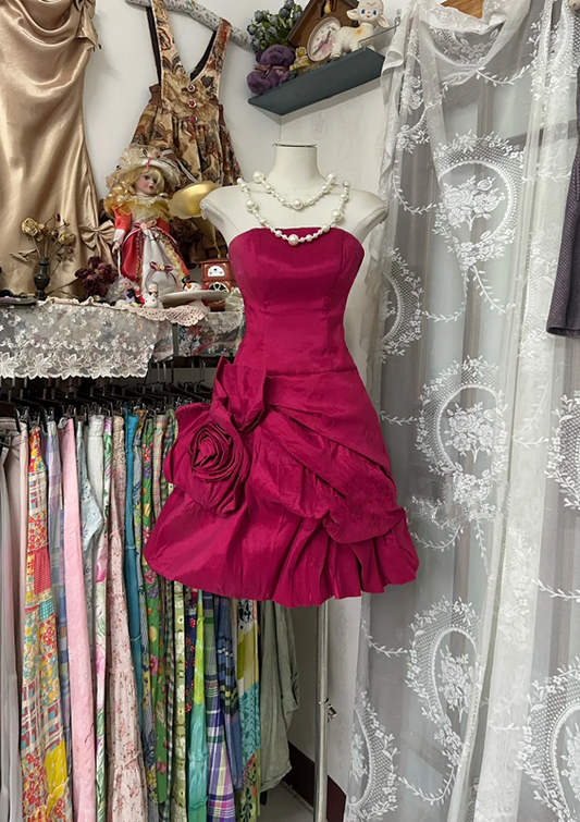 Red strapless waisted satin sexy A-line mini skirt ball gown R6200