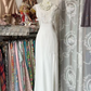 White sleeveless fitted waist long ball gown with slit R7477