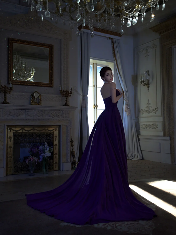 Purple strapless fitted waist slim slit sexy ball gown R7078