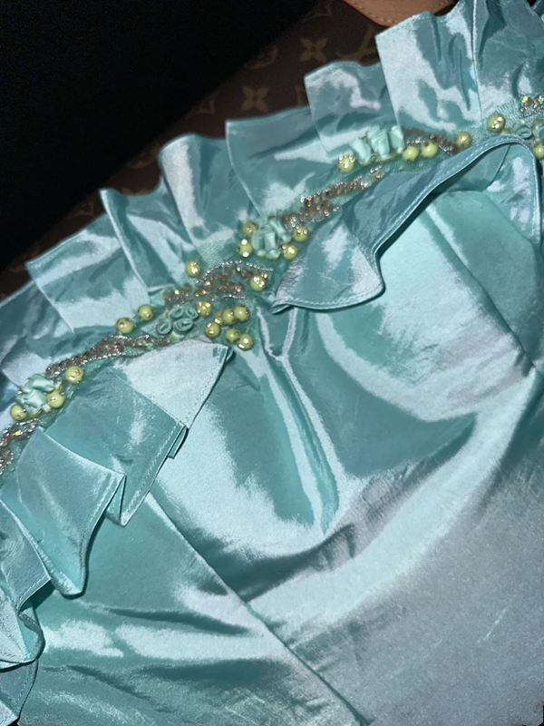 Lake blue satin strapless fitted long ball gown R6918