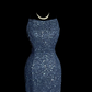 Navy blue sequined halter-neck fitted waist slimming backless hip-revealing long ball gown R6679