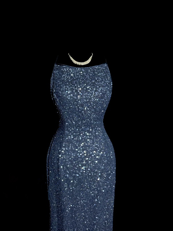 Navy blue sequined halter-neck fitted waist slimming backless hip-revealing long ball gown R6679