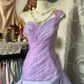 Purple one-shoulder fitted waist long dress with a puffy tulip skirt, a ball gown R6319