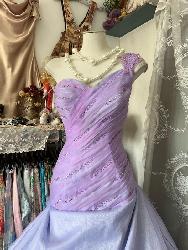 Purple one-shoulder fitted waist long dress with a puffy tulip skirt, a ball gown R6319