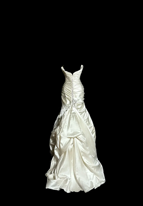 White strapless, fitted waist, pleated, full skirt, long ball gown R6639