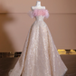 Light pink strapless neckline with feather design, light champagne-colored long ball gown, bridal dress R8366