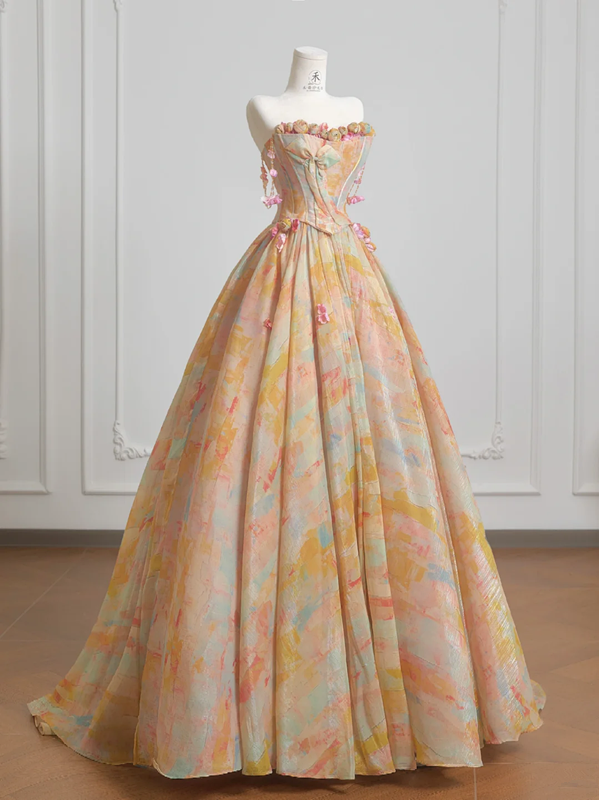 Light orange strapless, fitted waist, full skirt, long ball gown, bridal dress R8223