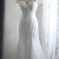 White lace neckline, fitted waist, bodycon long ball gown, bridal gown R6837