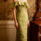Green off-the-shoulder, fitted, pleated, long ball gown with ruffles R6719