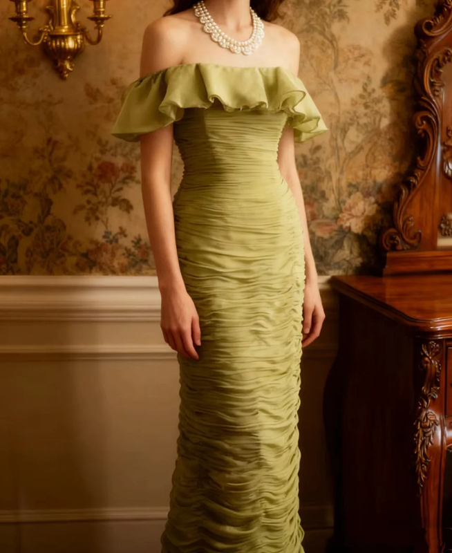 Green off-the-shoulder, fitted, pleated, long ball gown with ruffles R6719