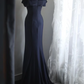 Navy blue halter-neck off-the-shoulder fitted long ball gown R6758