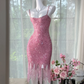 Rose pink sequined halter top, fitted waist, bodycon short ball gown R7634