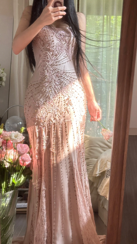 Light pink halter-neck fitted long ball gown with rhinestones - sexy and slimming R7786